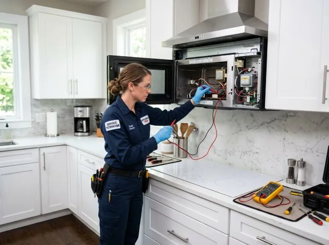 Appliance Repair Hero technician testing an over-the-range microwave in a Blossvale, NY kitchen